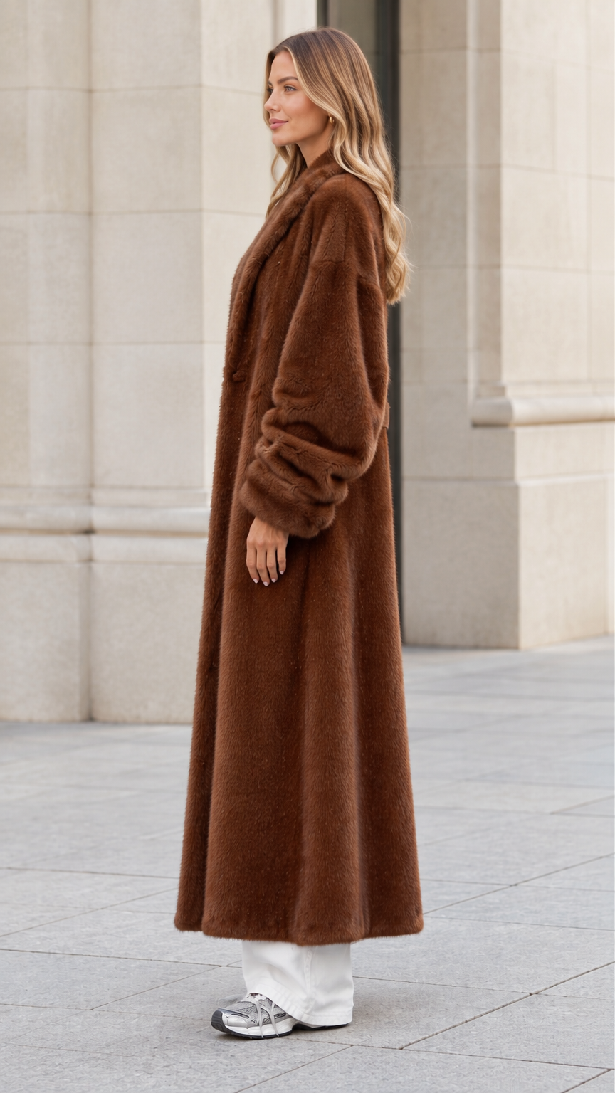 Side profile view of woman modeling chocolate brown maxi faux fur coat