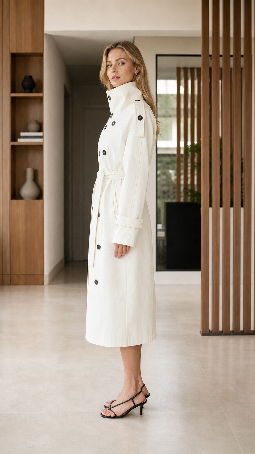 Side full-length view of Cream double-breasted belted long trench coat