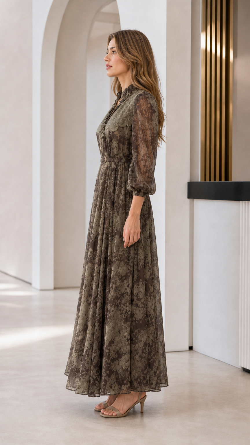 Side view of model in olive floral maxi dress