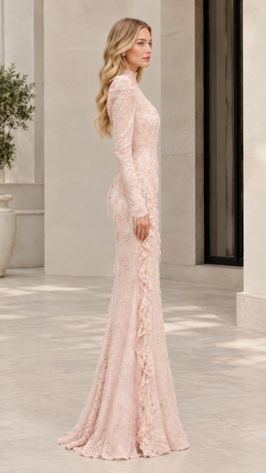 Side profile view of blush pink fitted long sleeve lace gown