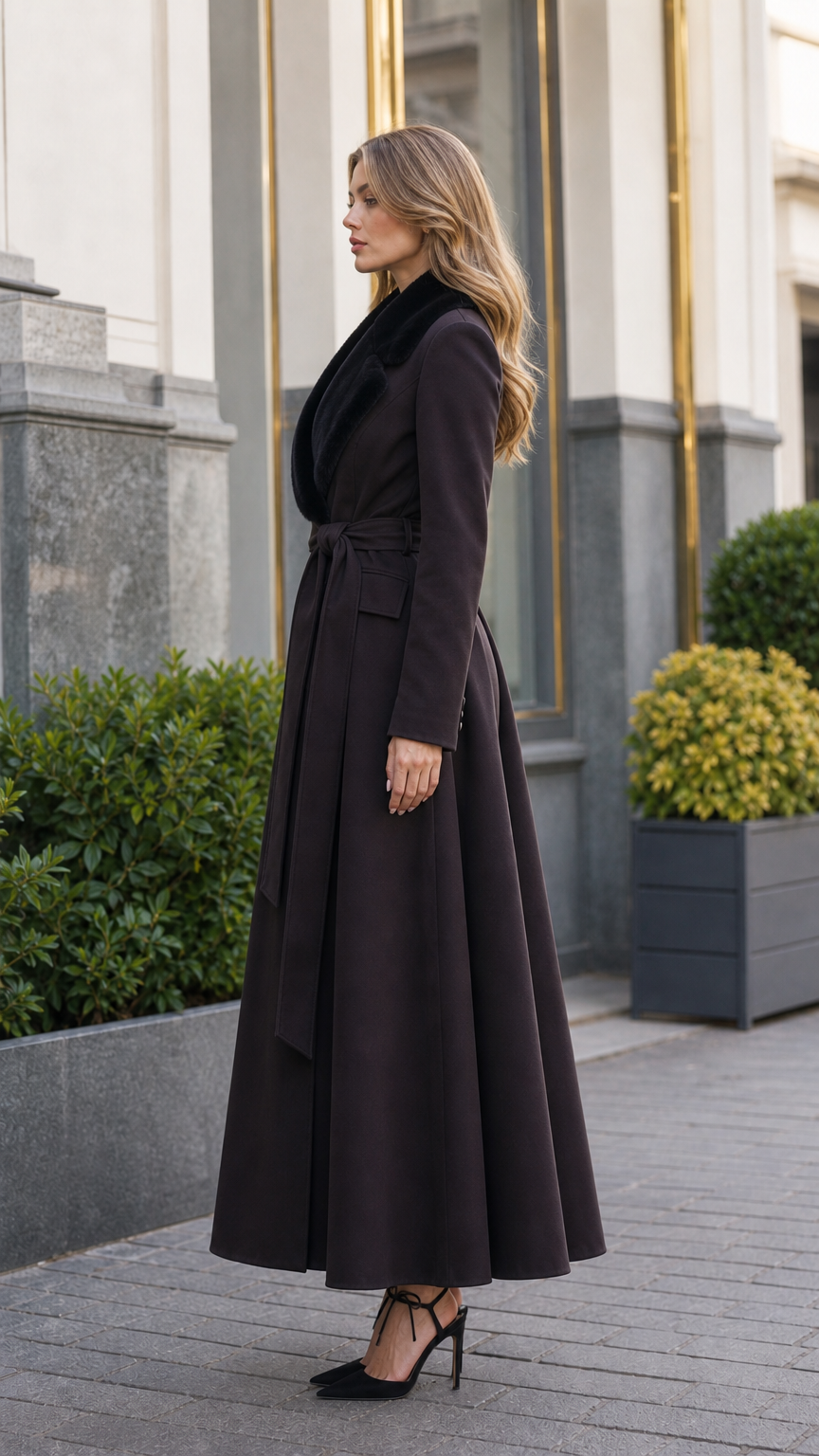 Side profile view of elegant dark brown fit and flare longline maxi coat