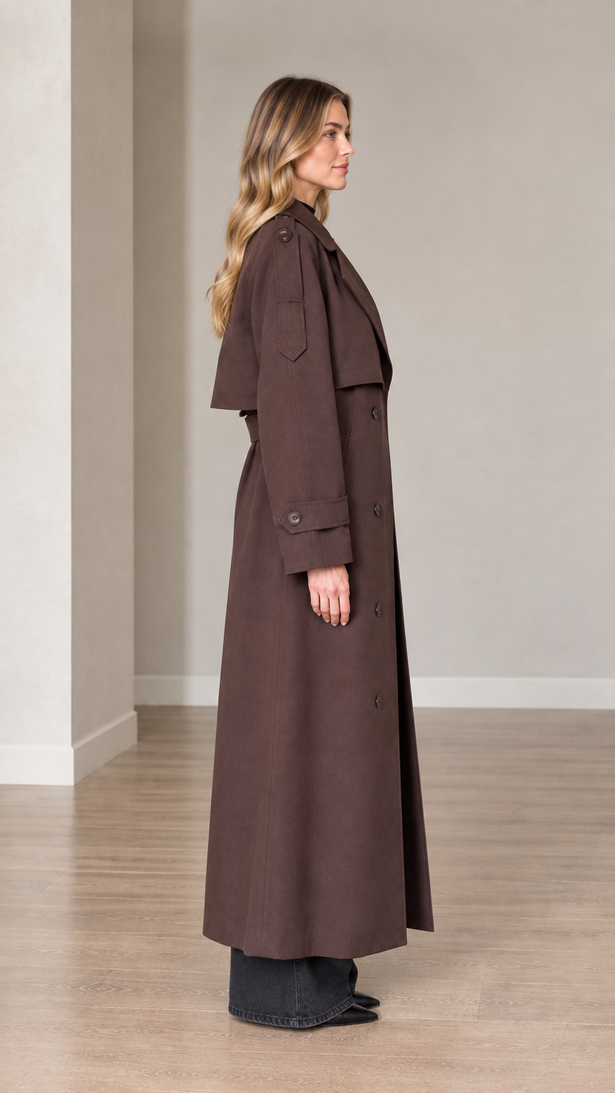 Side profile view of woman wearing brown maxi trench coat