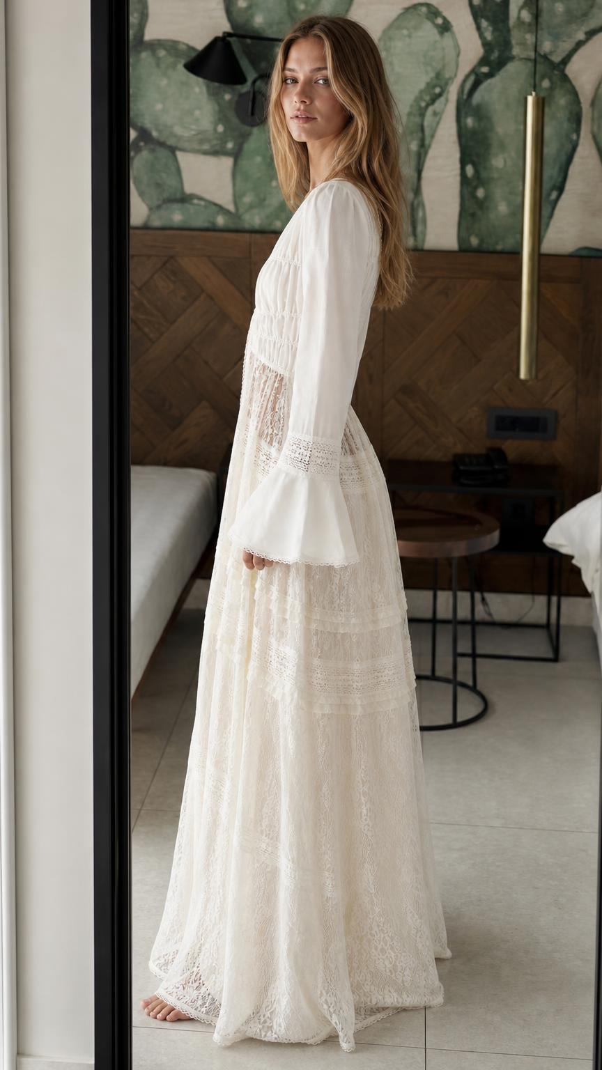 Side profile of model in white lace maxi set
