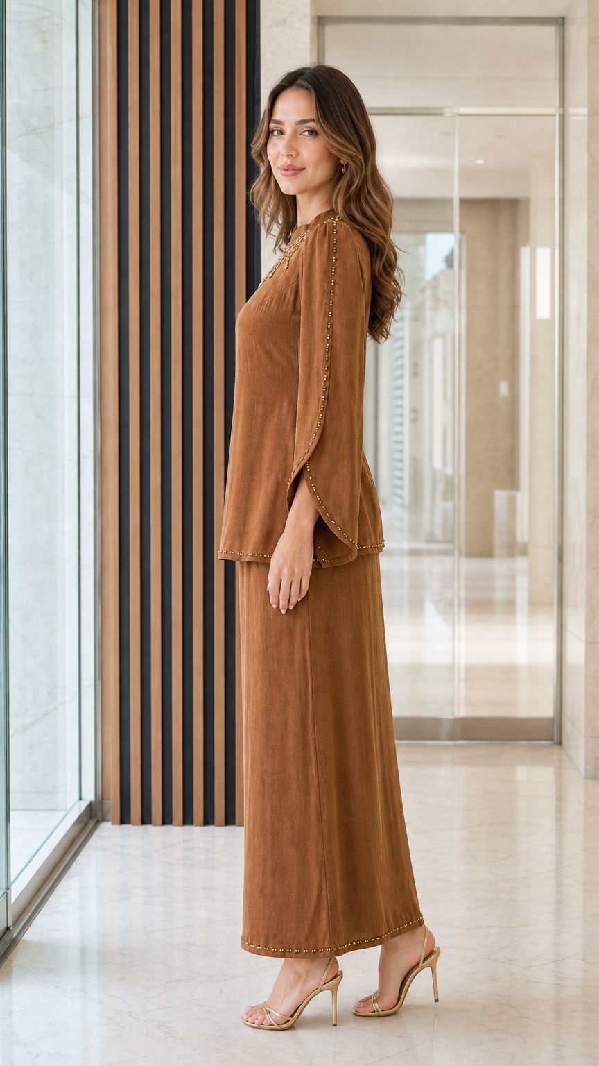 Side angle view of caramel brown long sleeve tunic and maxi skirt set