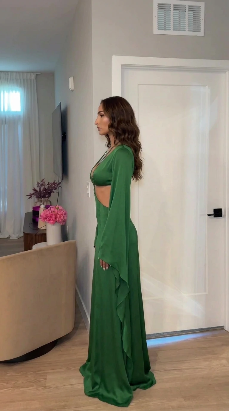 Side profile view of model in green evening gown