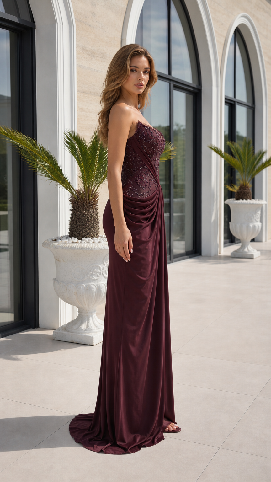 Side profile view of burgundy evening dress