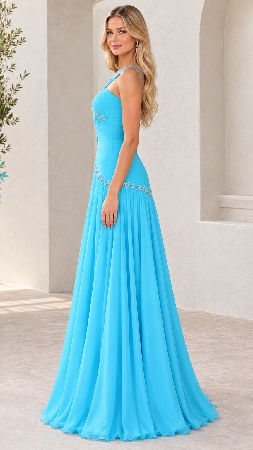Aqua blue one-shoulder formal dress side profile view