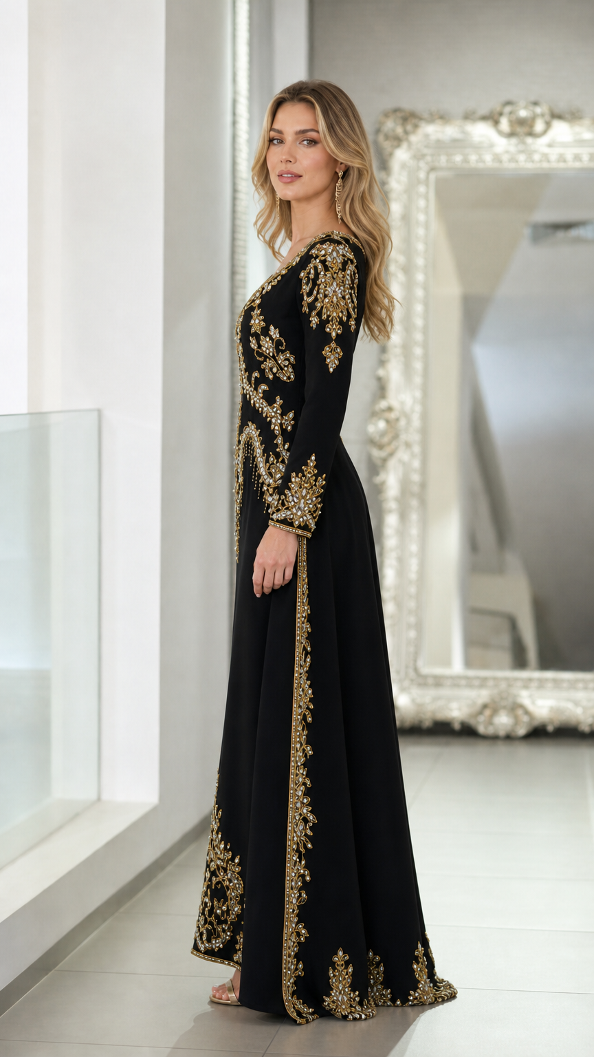 Side profile view of black gold-embroidered maxi gown