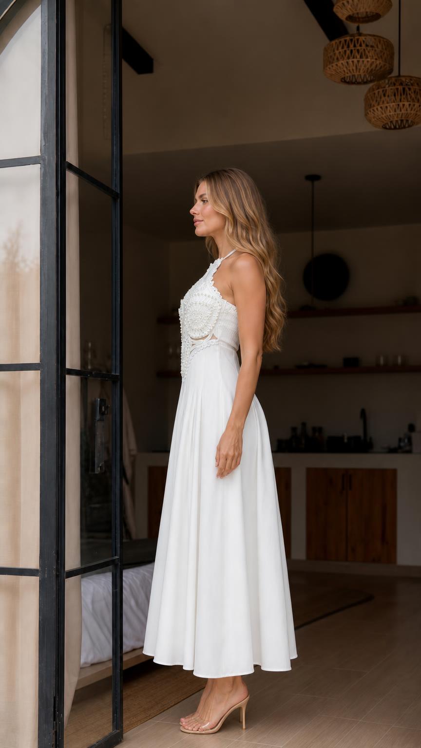 Side profile view of white halter maxi dress