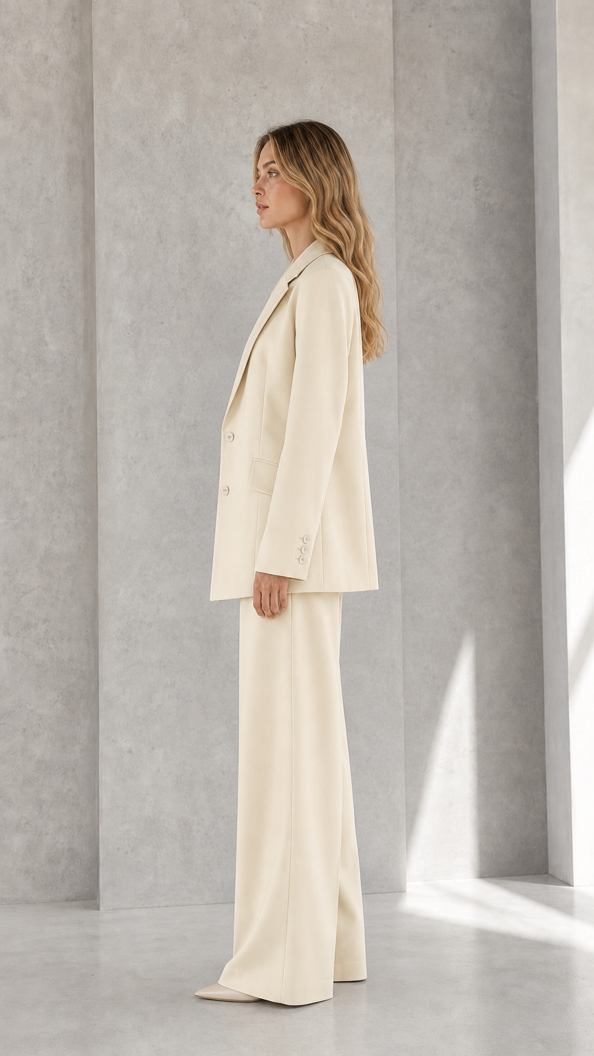 Side profile of woman in cream two-piece tailored blazer and pants set