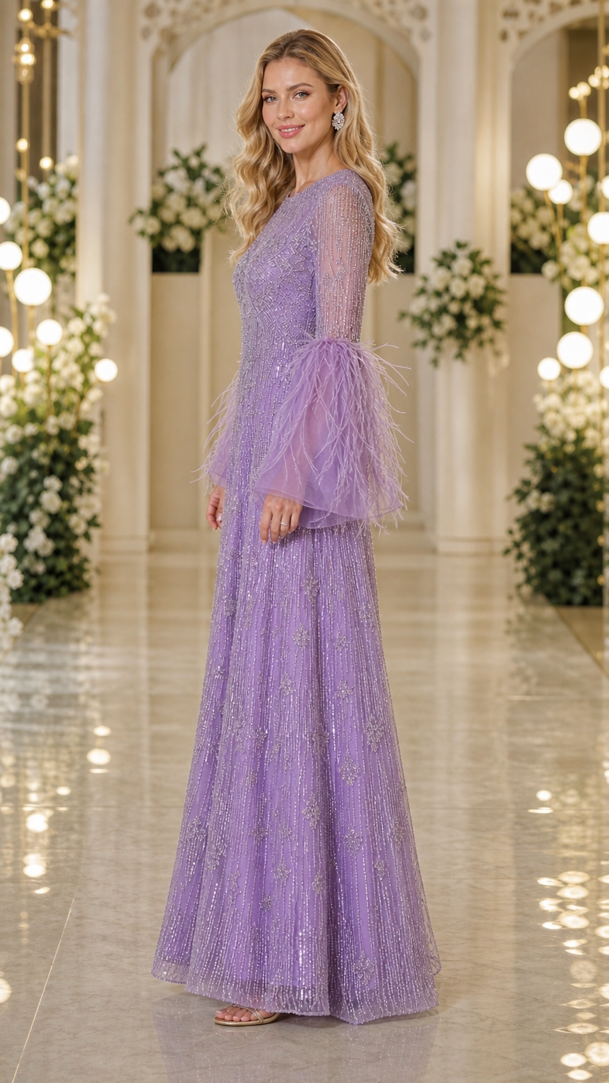Side profile of lavender floor-length formal gown with sparkling beadwork and feather cuffs