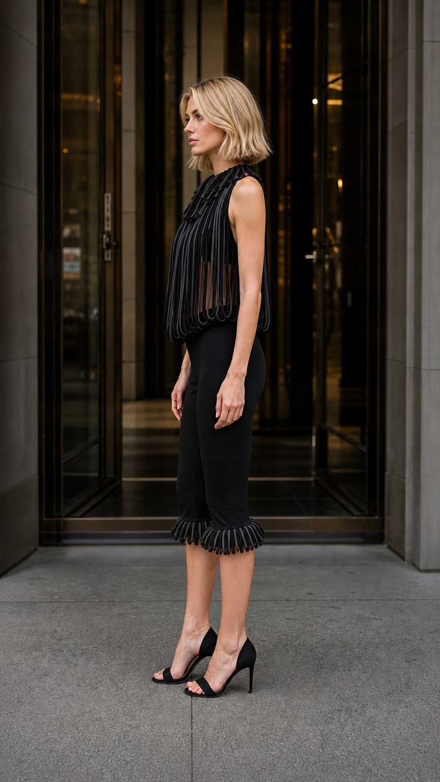 Side profile of model wearing black pleated fringe two-piece set