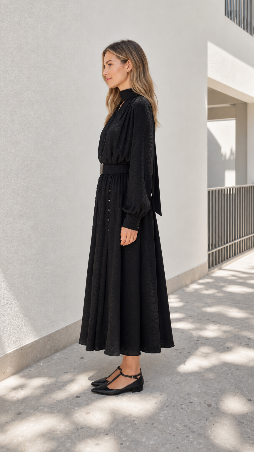 Model wearing black midi dress from the side profile