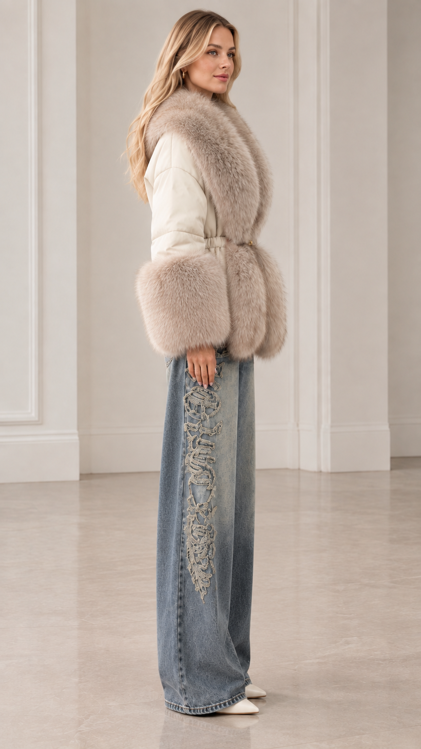 Side profile of woman modeling cream belted winter jacket with plush fur collar and cuffs