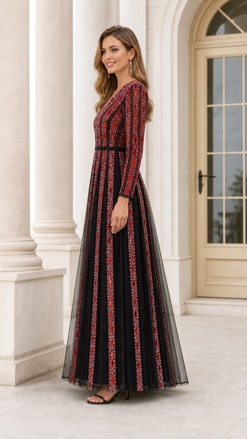 Side angle view of woman wearing Black and Red rhinestone embellished formal maxi dress