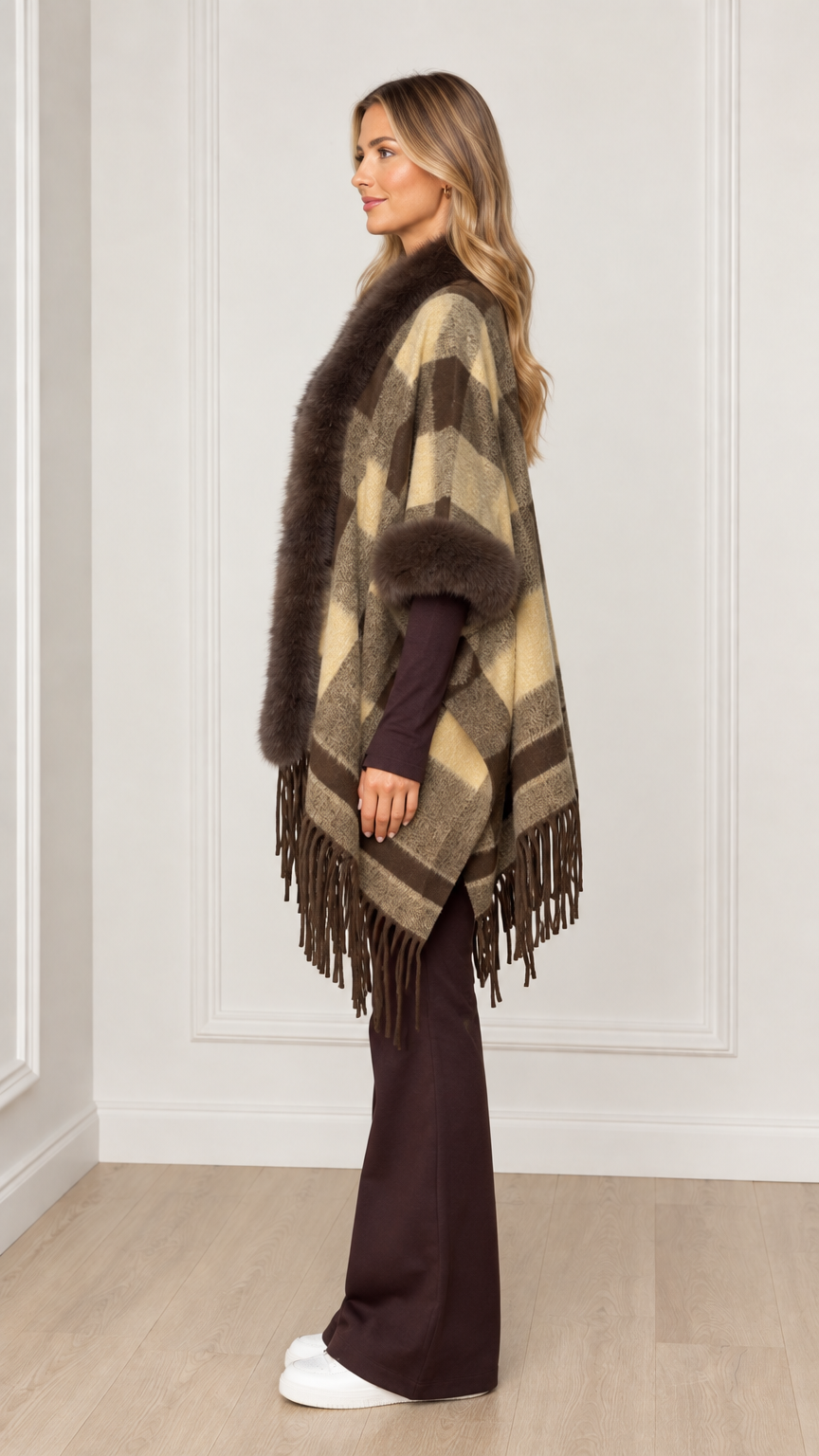 Side view of olive khaki plaid faux fur trimmed cape wrap