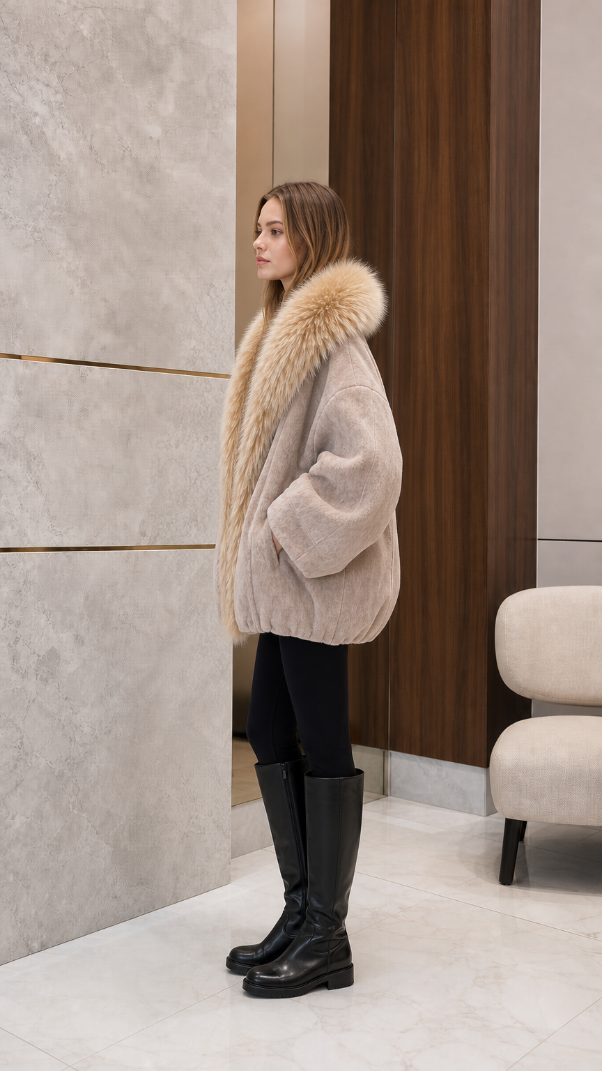 Side profile view of woman wearing beige faux fur collar winter jacket