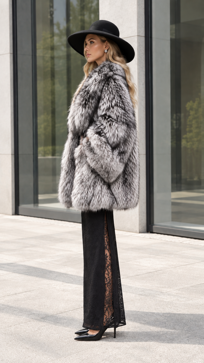 Side profile view of model wearing Silver Grey faux fur coat showing relaxed silhouette and sleeve volume