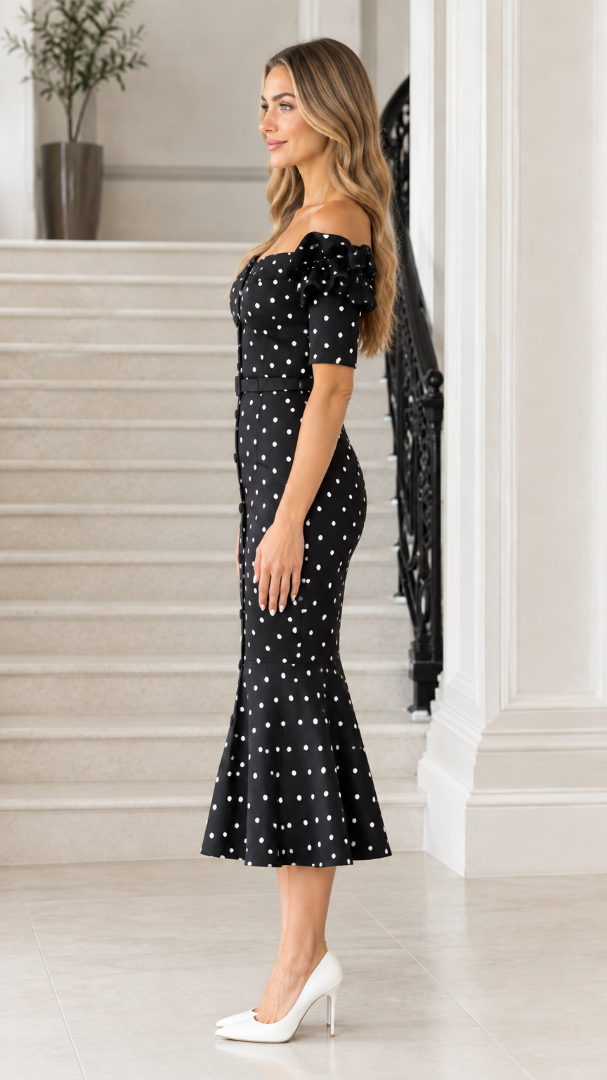 Side profile of black polka dot midi dress showing fitted silhouette and mermaid flare