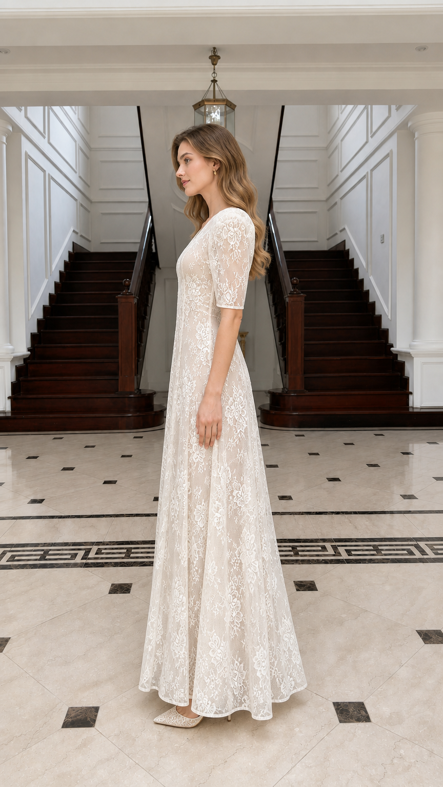 Side profile of Champagne lace maxi dress