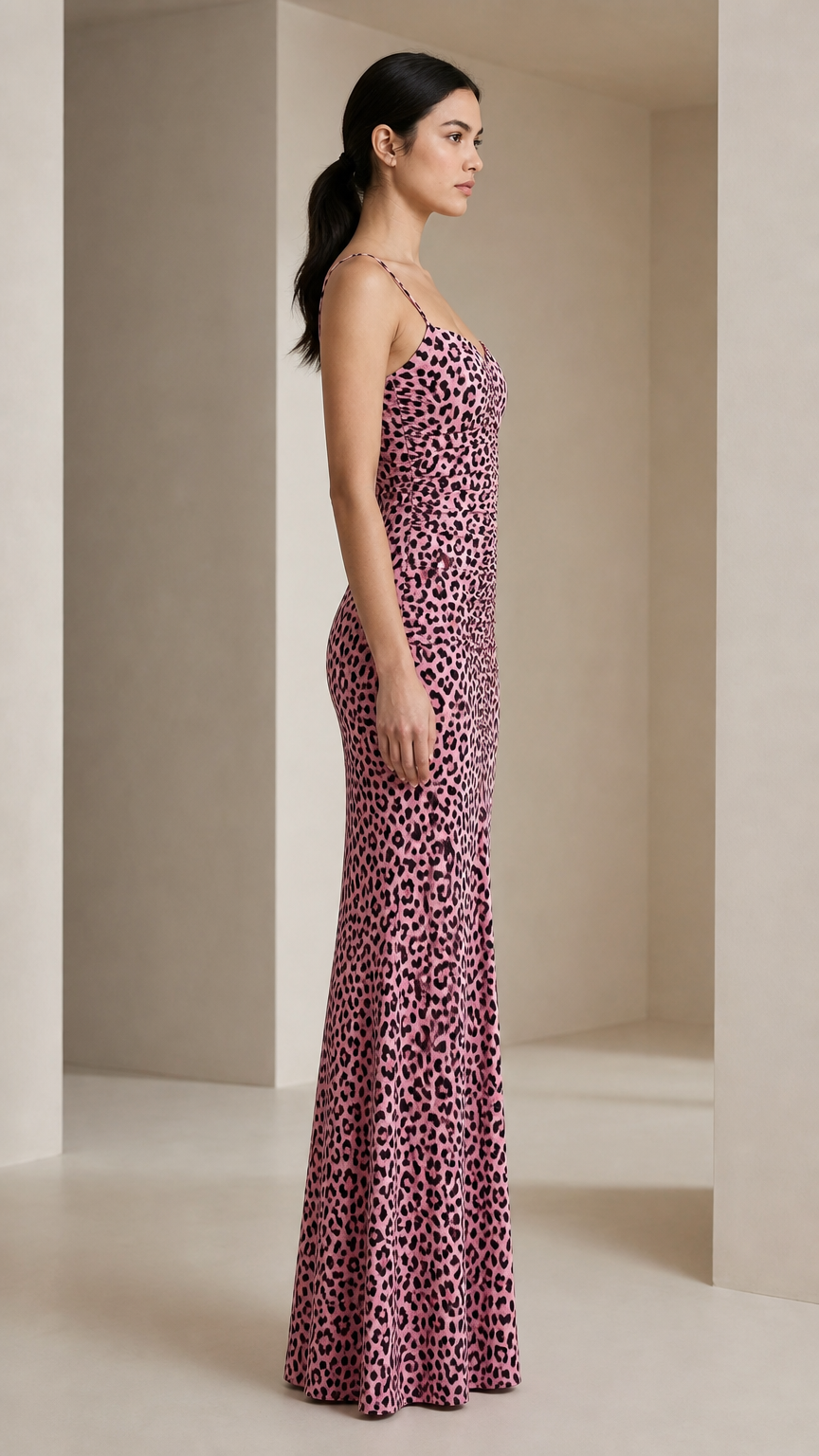 Side profile view of pink leopard print maxi dress