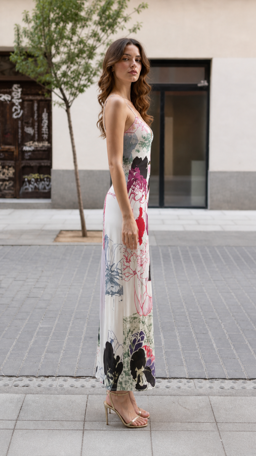 Side profile view of model in White floral maxi dress
