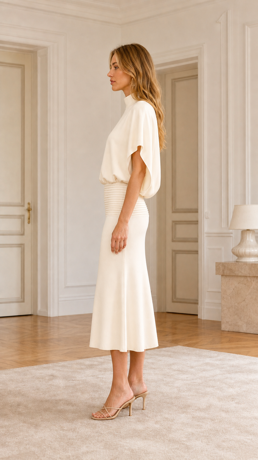 Side profile view of cream midi dress