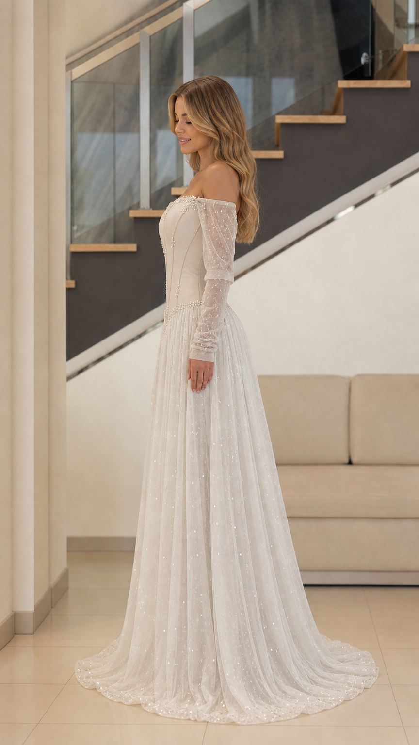 Ivory off-the-shoulder formal gown with long sleeves and flowing A-line tulle skirt - side view