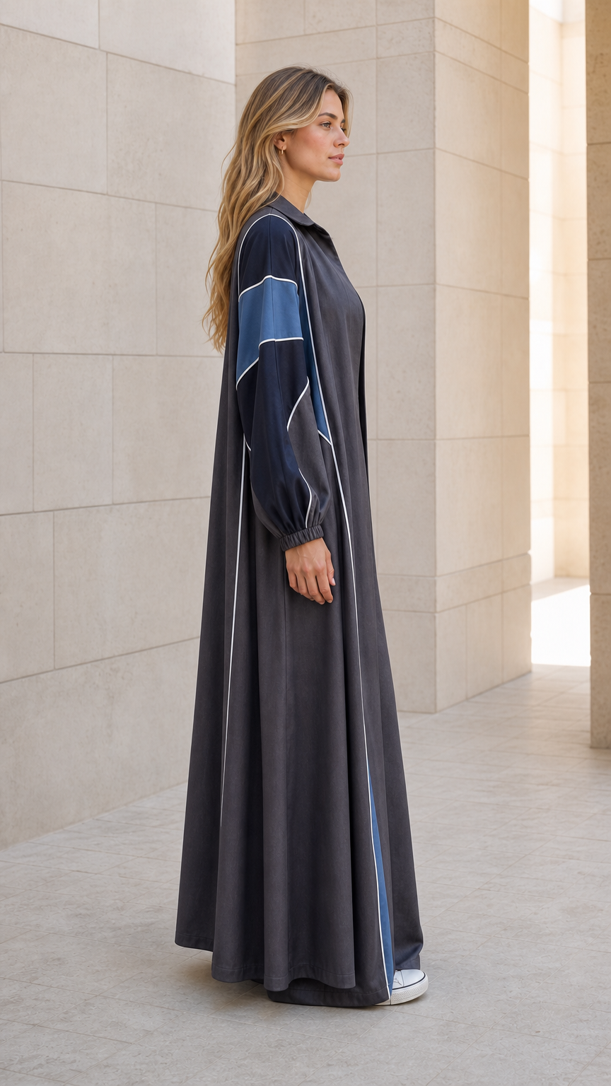 Side profile of Charcoal Grey longline duster set showing fluid drape