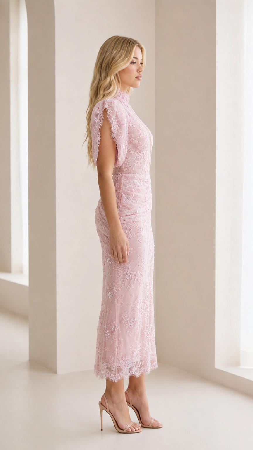 Side profile view of model in pink lace dress