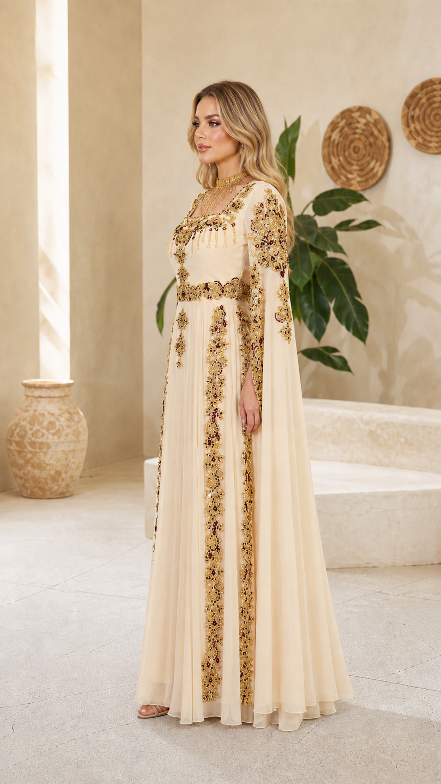 Side profile of model in elegant champagne embroidered cape dress