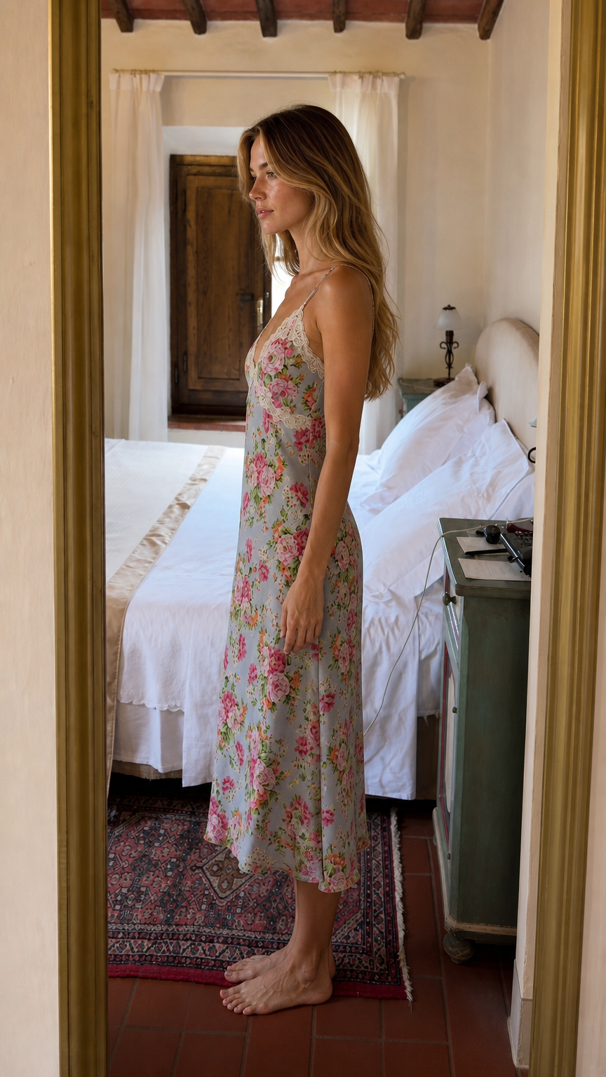 Side profile view of woman wearing Light Blue floral slip dress