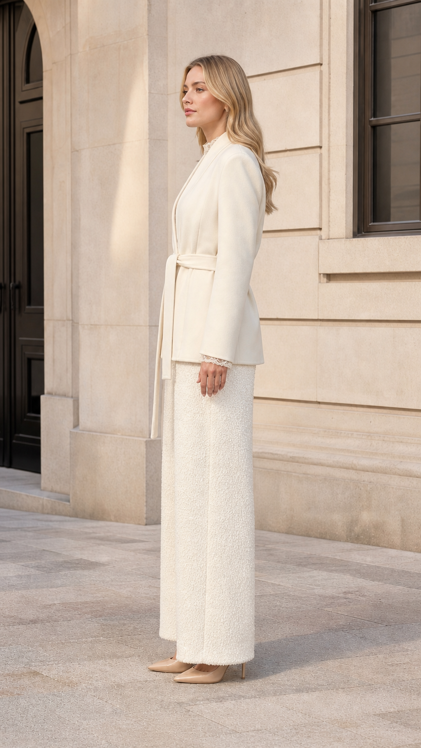 Side profile view of cream tie-waist blazer showing tailored cut and sleeve length