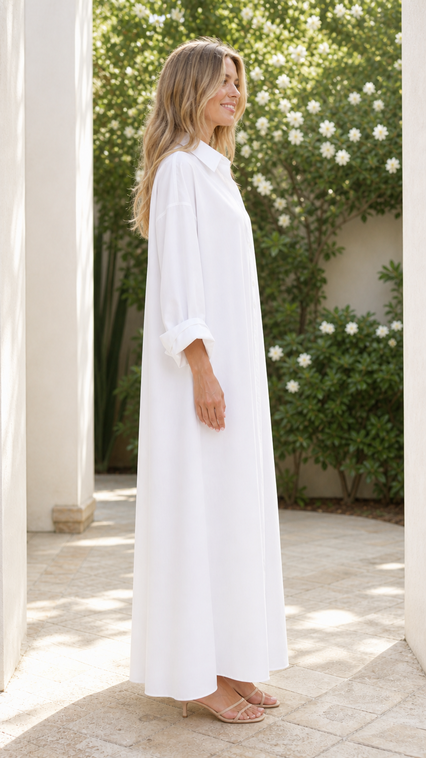 Side profile view of woman wearing white long sleeve maxi shirt dress