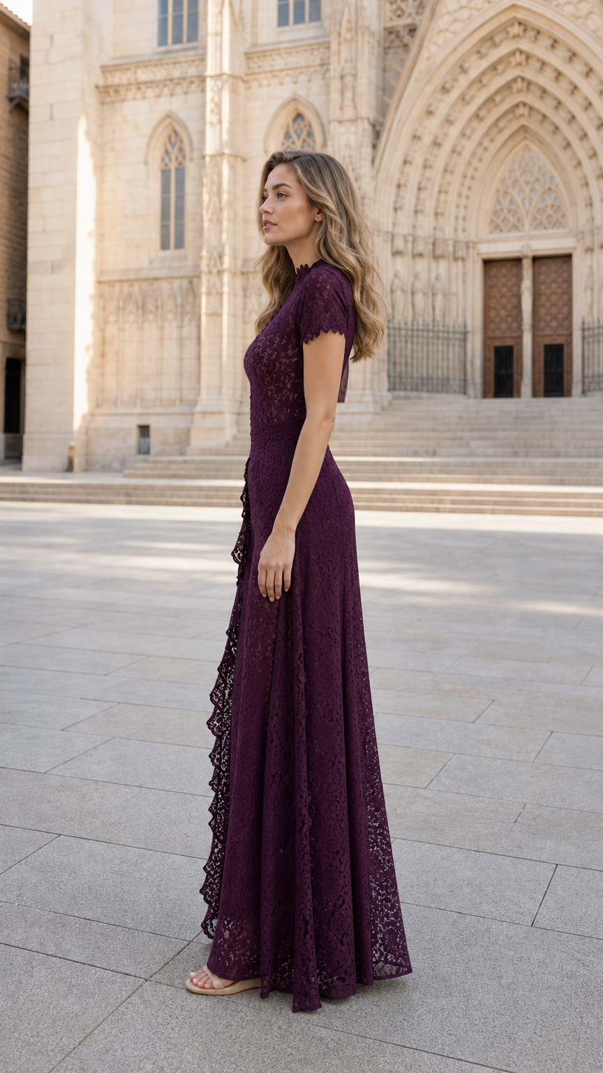 Side profile view of woman wearing Plum floral lace wide-leg jumpsuit
