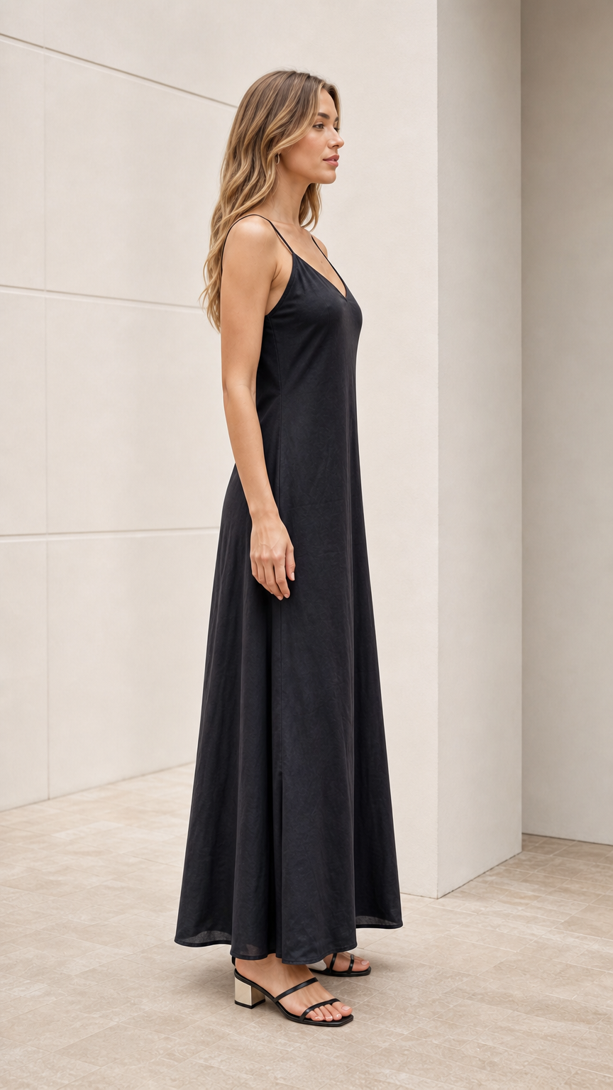 Model wearing black slip dress side view