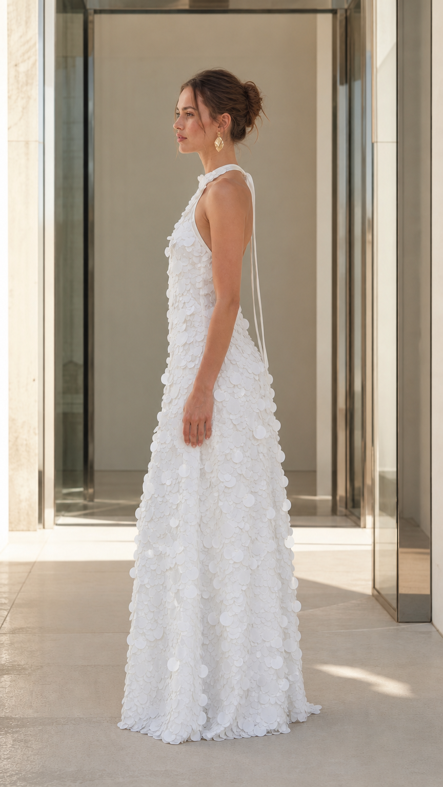 Side profile of White 3D floral applique maxi dress