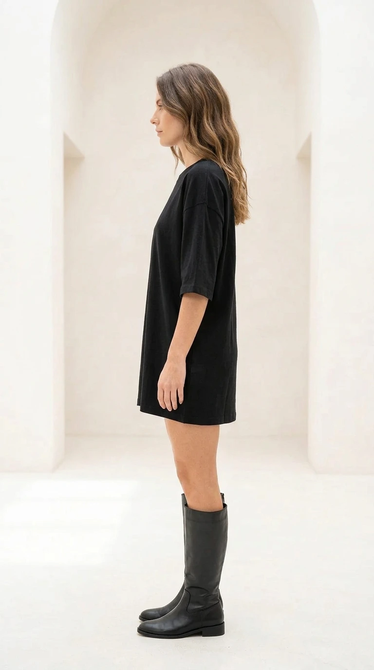 Side profile view of black oversized t-shirt dress