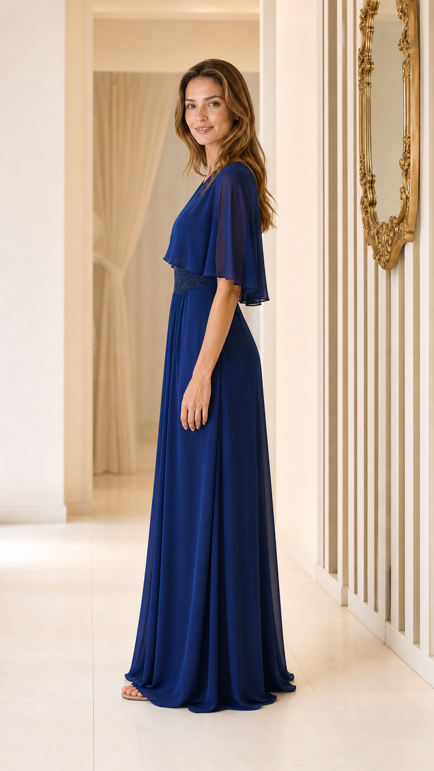 Side profile view of royal blue chiffon evening gown