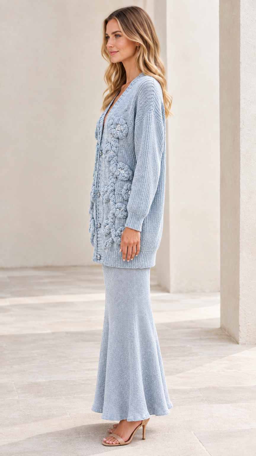 Light blue knitted cardigan and maxi skirt co-ord set side profile view
