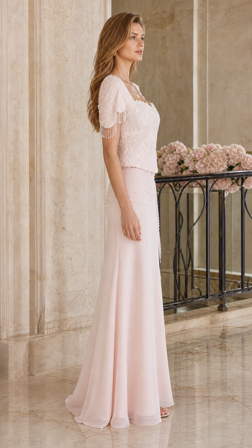 Side profile view of blush pink short sleeve beaded formal maxi dress