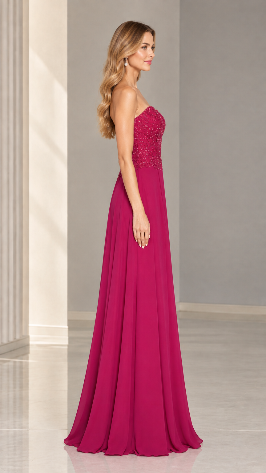Side profile view of woman modeling magenta strapless A-line maxi dress