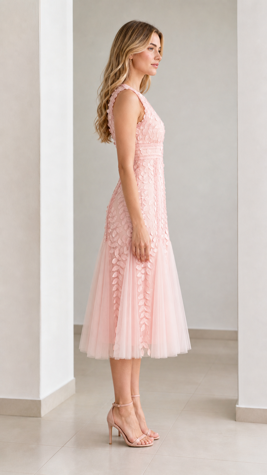 Side profile view of pink midi dress