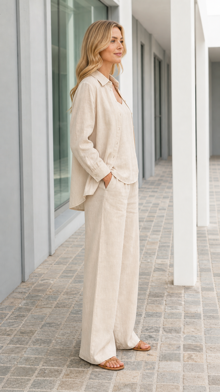 Side profile of woman in beige 3-piece coordinate set
