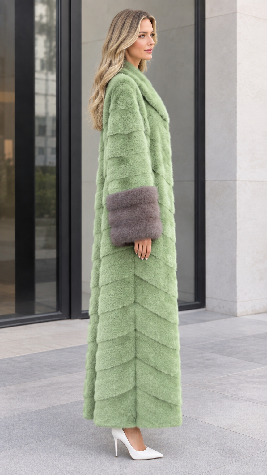 Side profile view of women's sage green long faux fur coat