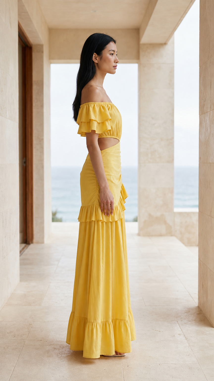 Side profile view of yellow off-shoulder ruffle maxi dress
