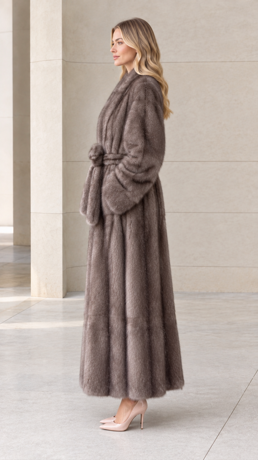 Side profile of woman in full-length taupe faux fur coat