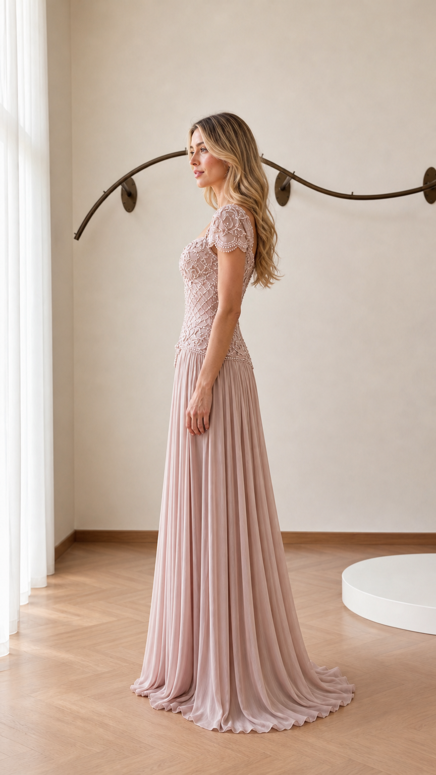 Side profile view of blush pink evening gown