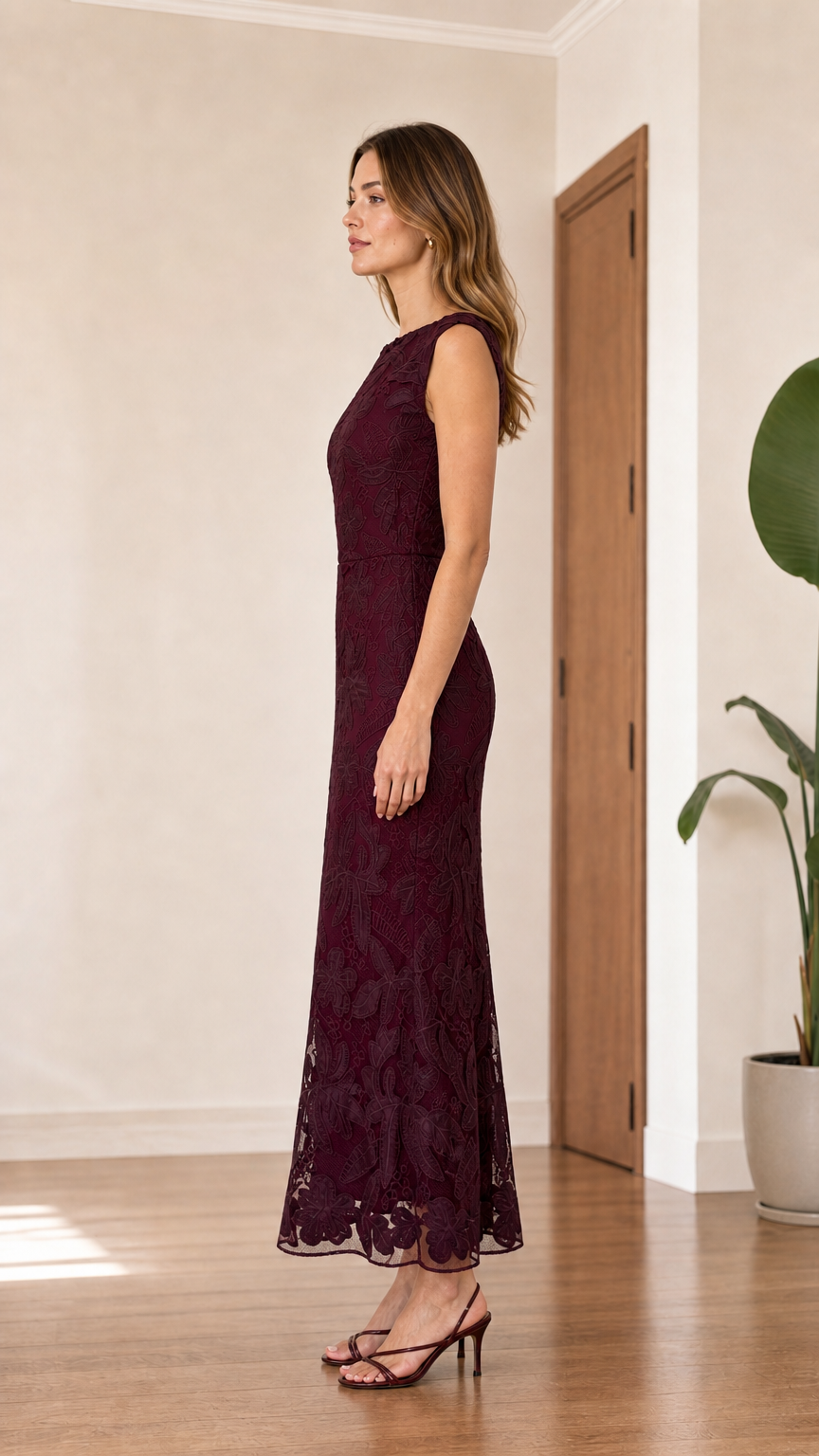 Side profile view of burgundy sleeveless floral lace dress