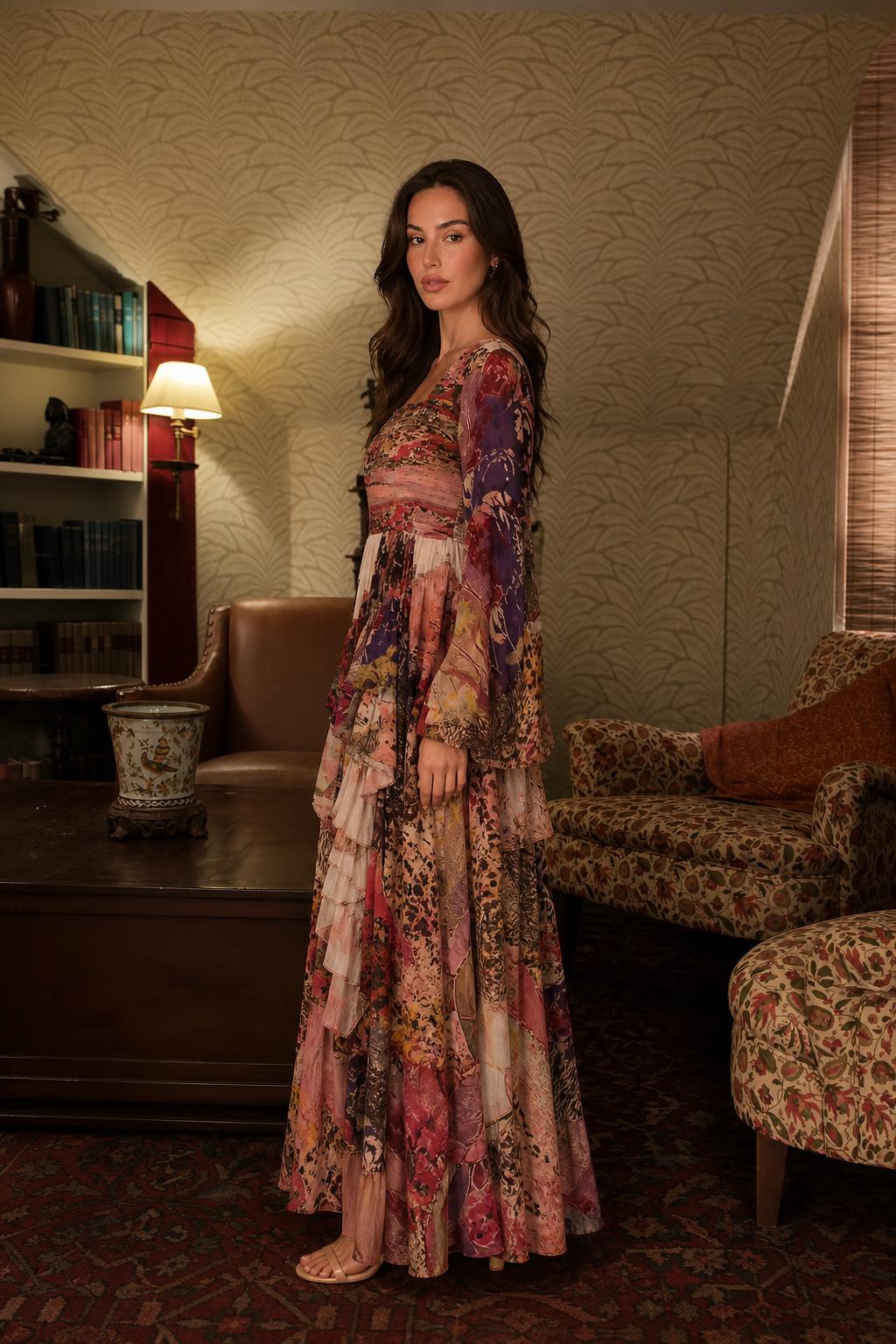 Boho Chic Printed Long Sleeve Ruffle Maxi Dress side profile in Multi Pink